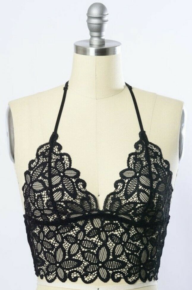 Boho Black Floral Sheer Lace Racerback Bralette Womens