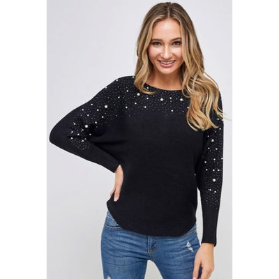 Black Pearl Accent Trim Knit Long Sleeve Pullover Holiday Women's Casual Sweater