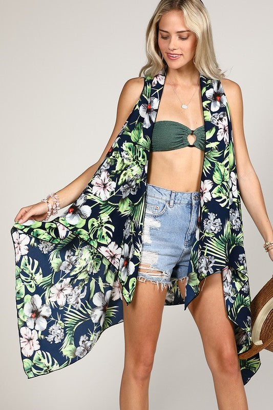 Navy Tropical Floral Leaf Handkerchief Vest Casual Top Womens One Size