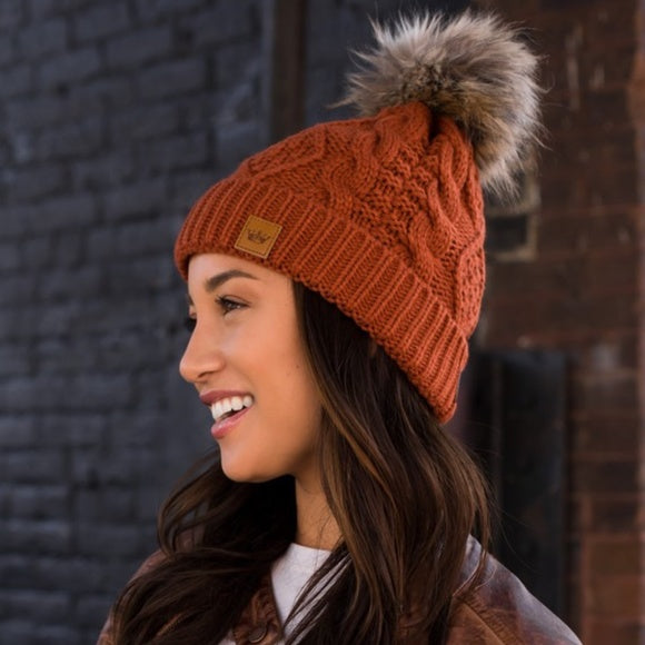 Rust Orange Cable Knit Faux Fur Pompom Fleece Lined Women's Winter Beanie Hat