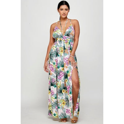 Purple Tropical Floral Palm Vacation Cruise Summer Sexy Slit Maxi Halter Dress