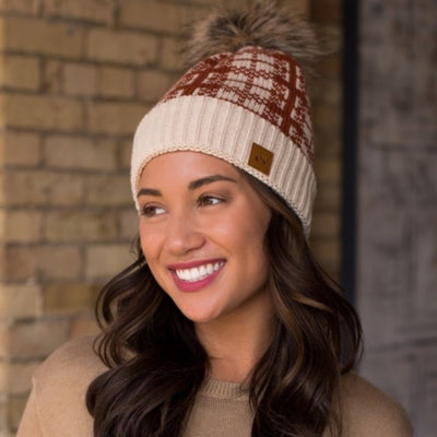 Pumpkin Rust Plaid Knit Faux Fur Pompom Lined Women's Knit Winter Beanie Hat