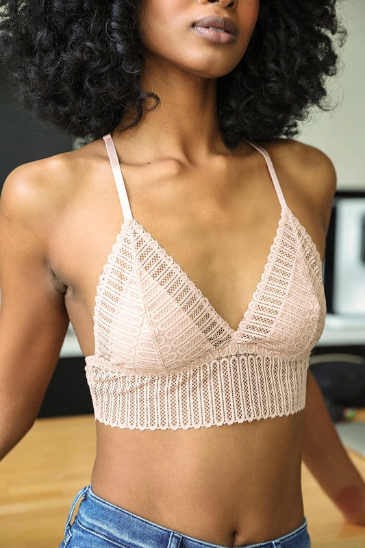 Blush Ribbed Lace Boho Racerback Triangle Bralette Womens