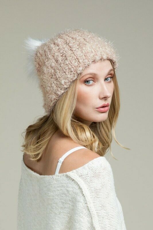 Light Pink Eyelash Knit Beanie Foldover Band Faux Fur Pom Pom Womens Winter Hat