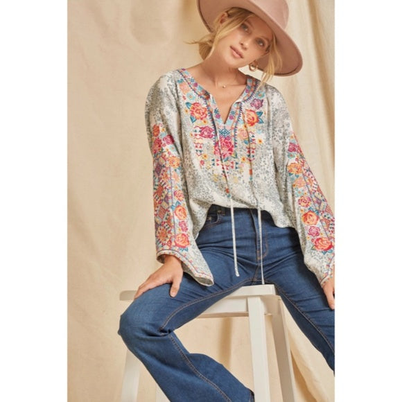 Colorful Boho Floral Embroidered Long Sleeve Tie Woven Blouse Casual Women's