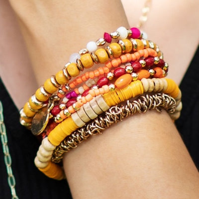 Mango Tango Boho Multi Stacked Mixed Bead Beaded Stretch Bracelet