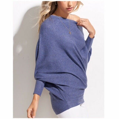 Indigo Slouchy Off The Shoulder Knit Oversized Sweater Casual Top Womens