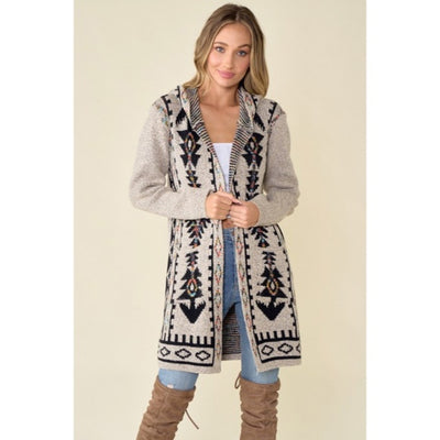 Oatmeal Aztec Rainbow Western Hooded Knit Cardigan Long Sleeve Open Sweater