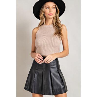 Black Pleated Faux Vegan Leather High Waist Mini Skirt Women's Date Night Flirty