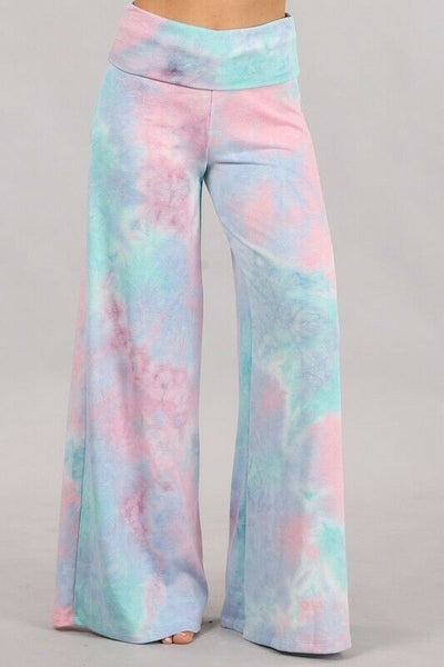 Aqua Pink Blue Tie Dye Wide Leg Palazzo Relaxed Fit Foldover Waist Lounge Pants