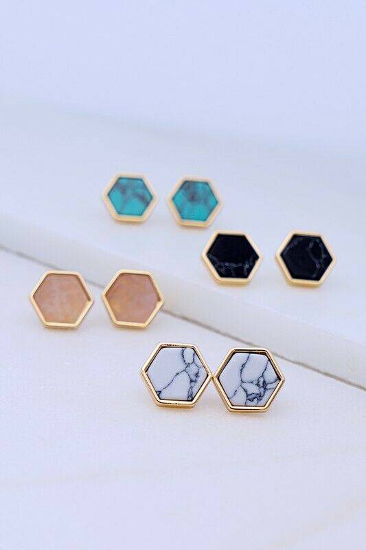 White & Gold Hexagon Natural Look Stone Stud Boho Earrings