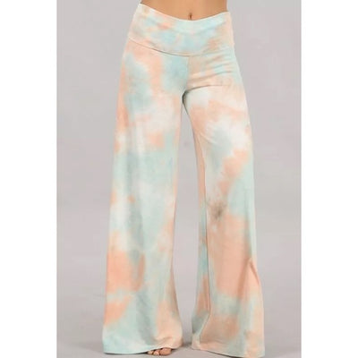 Peach Mint Tie Dye Wide Leg Palazzo Relaxed Fit Foldover Waist Lounge Pants