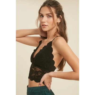 Black Sheer Lace Scalloped Longline Padded Brami Bralette