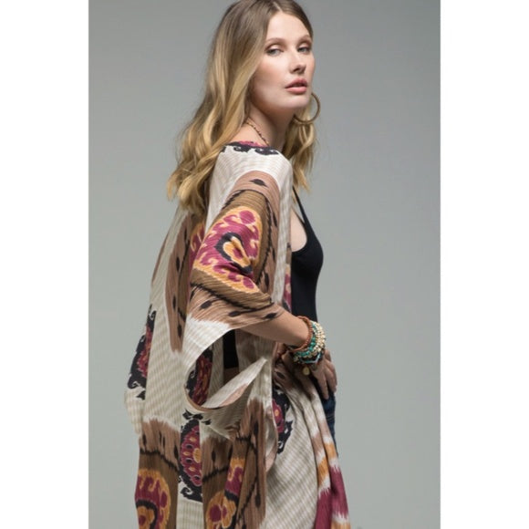 Bohemian Mandala Inspired Stripes Side Slit Kimono Coverup Wrap Casual Women's