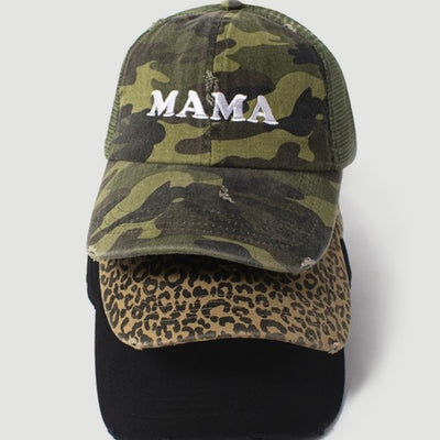 Mama Embroidered Camo Camouflage Print Distressed Baseball Hat Cap