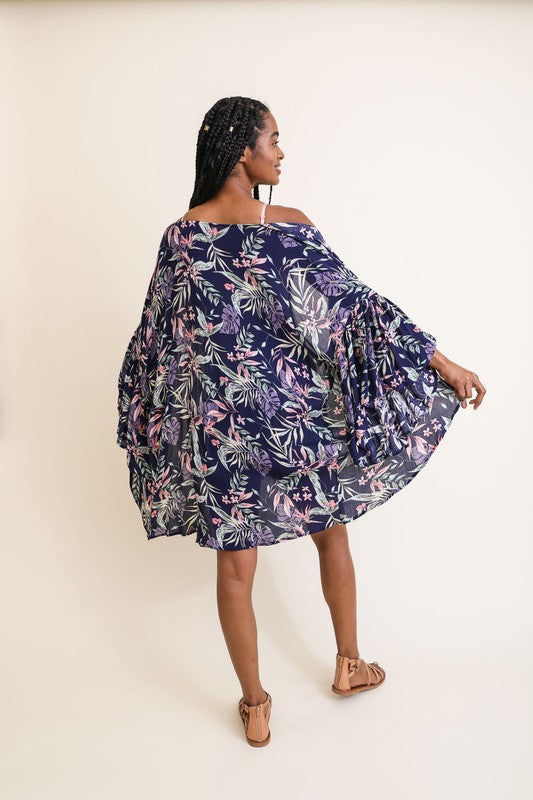 Navy Tropical Leaves Draped Sleeve Kimono Wrap Coverup Open Top