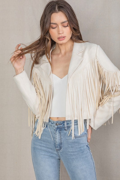 Ivory Cream Faux Leather Suede Fringe Cropped Western Boho Moto Jacket Women's