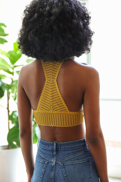 Ochre Yellow Ribbed Lace Boho Racerback Triangle Bralette Womens