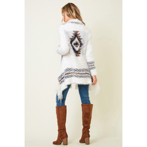 White Fuzzy Eyelash Fringe Rainbow Aztec Pattern Open Knit Cardigan Sweater