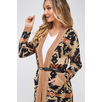 Mocha Aztec Western Boho Belted Cardigan Sweater Coatigan Knit Casual Womens