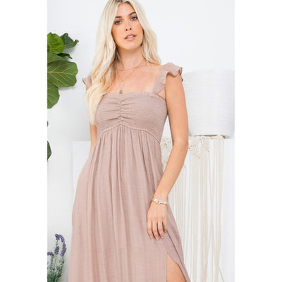 Sand Ruffle Sleeve Solid Smocked Long Full Length Relaxed Fit Maxi Casual Dress