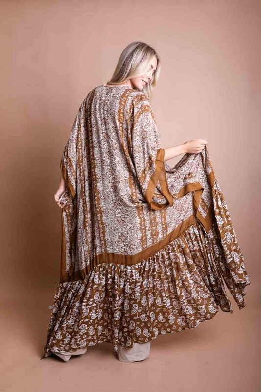 Brown Paisley Tapestry Free Flow Kimono Open Duster Coverup Wrap Top