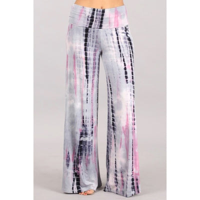 Silver Pink Tie Dye Foldover High Waist Wide Leg Palazzo Lounge Stretch Pants