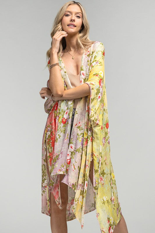 Whimsical Spring Colorful Floral Kimono Coverup Open Wrap Top Casual Women's