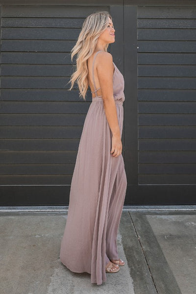 Mauve Solid Rayon Gauze Sleeveless Open Back Maxi Dress W/ Slit