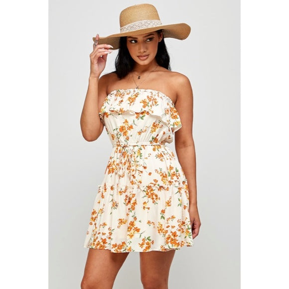 Cream Orange Floral Print Ruffle Trim Strapless Tube Casual Summer Mini Dress