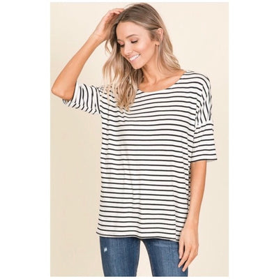 Black & White Striped Casual Relaxed Fit Casual Short Sleeve Top Women's