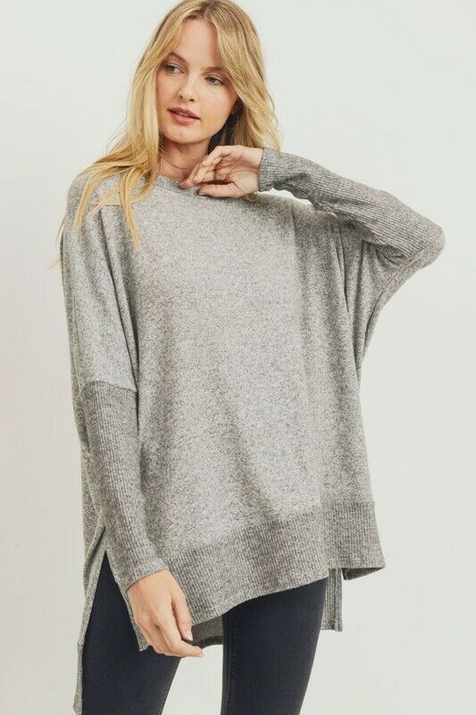 Heather Gray Brushed Soft Knit Boxy Fit Side Slit Long Sleeve Tunic Top Womens