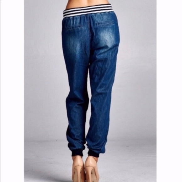 Dark Denim Elastic Pull On Waist Jogger Casual Pants Womens