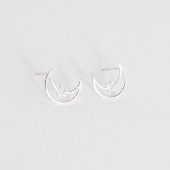 14K White Gold Sterling Silver Celestial Moon Star Outline Earrings