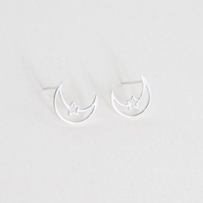 14K White Gold Sterling Silver Celestial Moon Star Outline Earrings