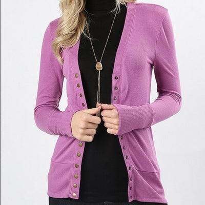 Dark Mauve Snap Button Cardigan Ribbed Sweater