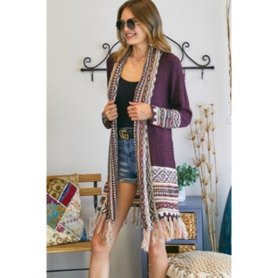 Burgundy Bohemian Tribal Aztec Print Fringe Open Front Cardigan Knit Sweater