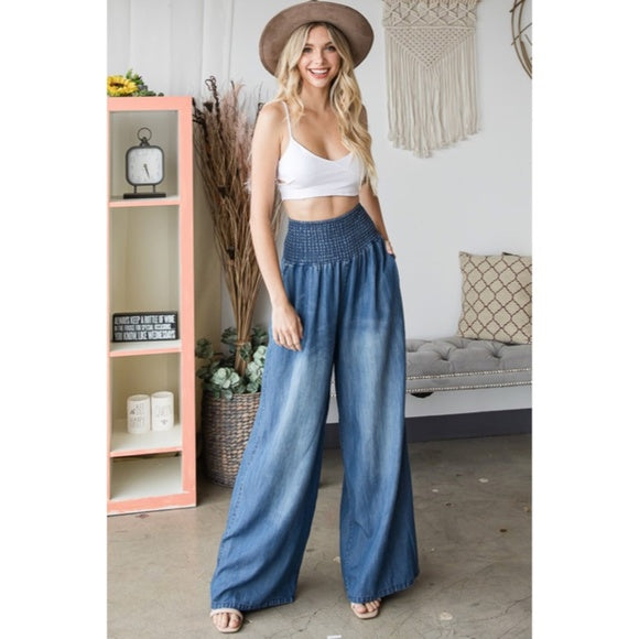 Denim Blue Washed Wide Palazzo Leg Tencel Casual Smocked High Waist Pants