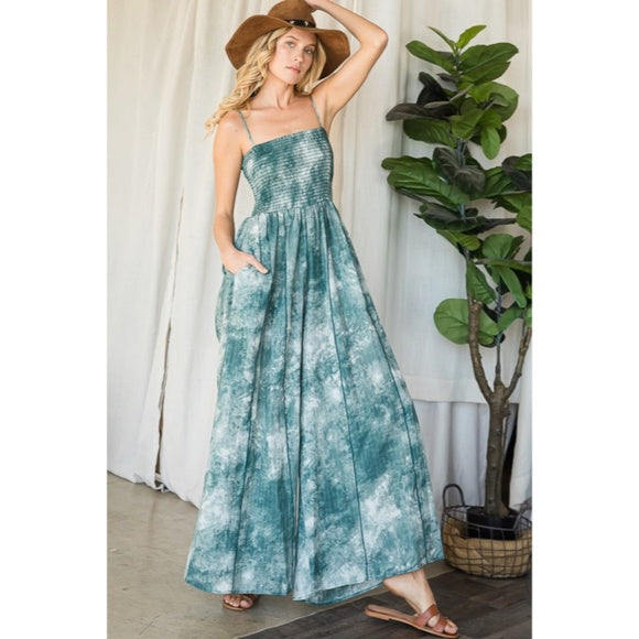 Green Tie Dye Wide Palazzo Flare Leg Smocked Bohemian Casual Jumpsuit w/ Pockets