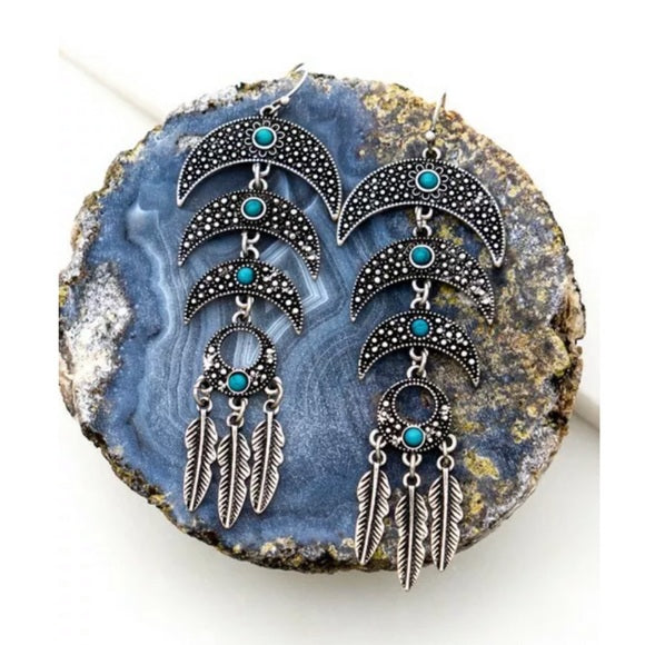 Triple Crescent Feather Turquoise Stone Earrings