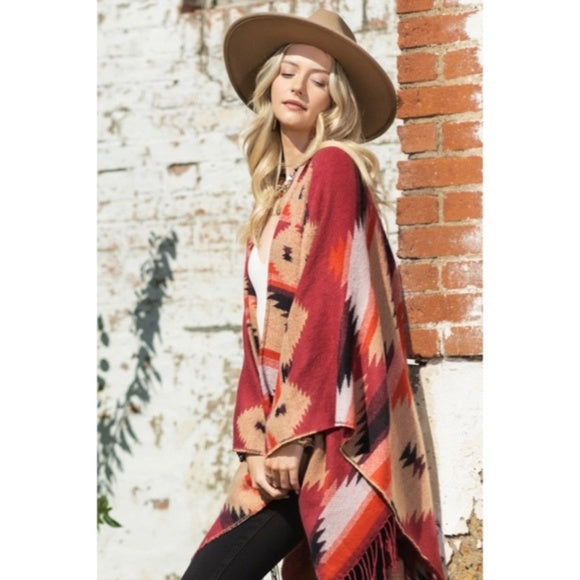 Red Rock Western Ethnic Oversized Knit Ruana Fringe Wrap Open Poncho Fall Casual