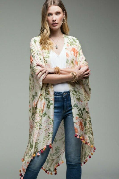 Poets Garden Floral Tassel Boho Kimono Wrap Womens One Size