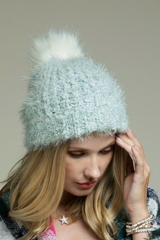 Light Blue Eyelash Knit Beanie Foldover Band Faux Fur Pom Pom Womens Winter Hat