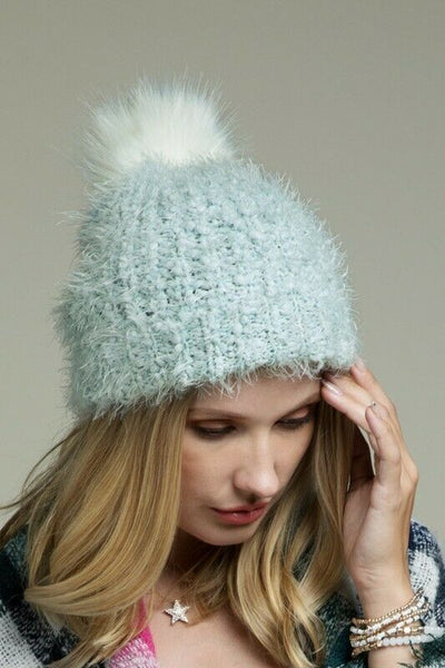 Light Blue Eyelash Knit Beanie Foldover Band Faux Fur Pom Pom Womens Winter Hat