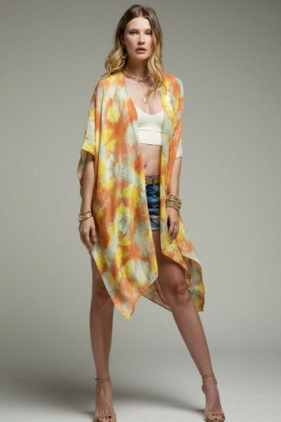 Dreamy Sunrise Water Color Inspired Tie Dye Kimono Boho Open Wrap Casual Womens