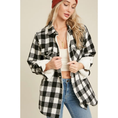 Black Buffalo Plaid Sherpa Lined Shacket Shirt Jacket Womens