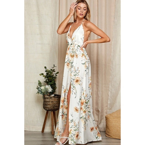 White Floral Print Halter Open Back Maxi Full Long Length Dress Gown W/ Slit