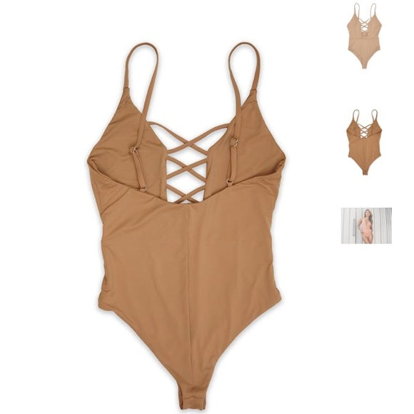 Mocha Caged Front Moderate Coverage One Piece Beige Swimsuit