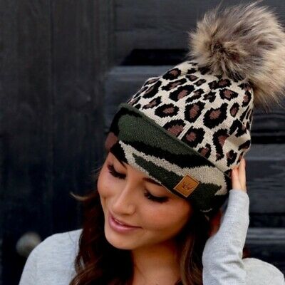 Leopard & Camo Fleece Lined Faux Fur Pom Winter Beanie Hat Womens