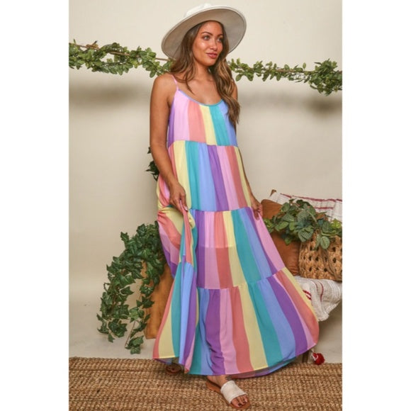 Rainbow Colorful Multi Color Bright Striped Tiered Tie Shoulder Maxi Dress